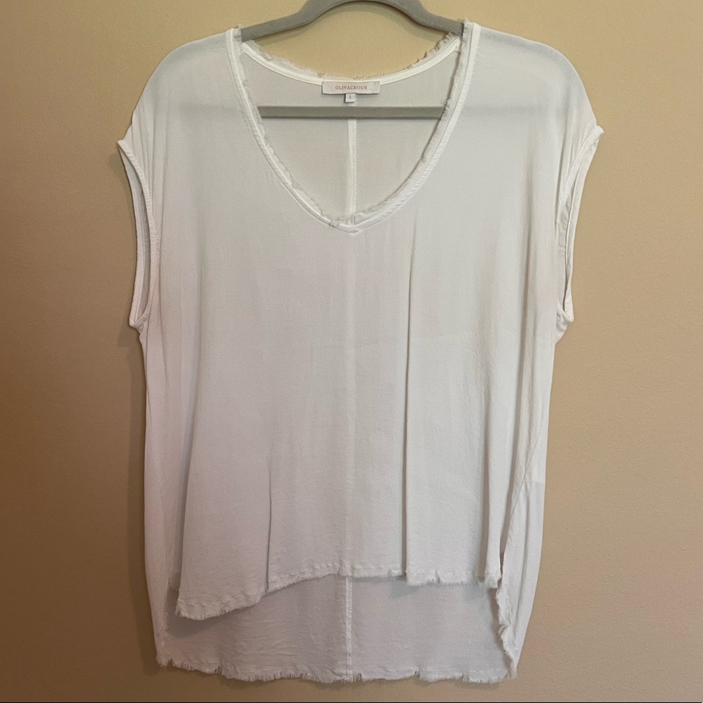 Olivaceous White Frayed Cap Sleeve Top, Size L